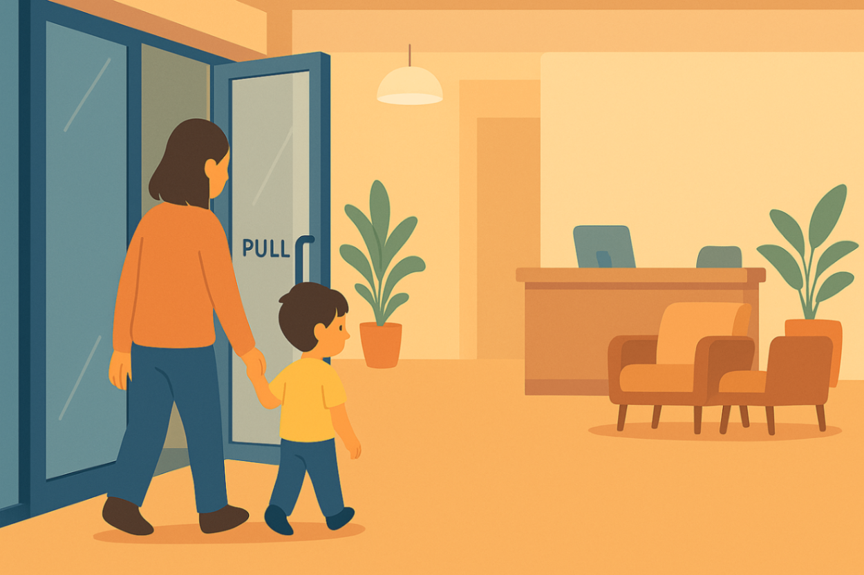 Parent arriving at a behavioural therapy clinic for their child’s first appointment.
