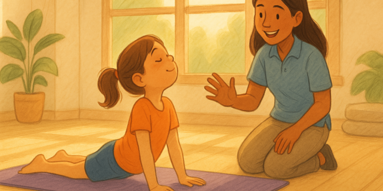 Child practicing yoga on a mat with therapist guiding, soft sunlight in a calm therapy space