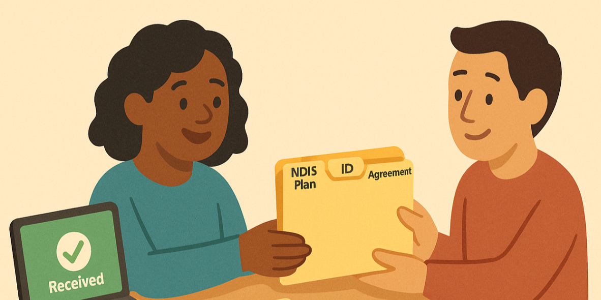 Parent handing NDIS plan, ID and signed consent to a plan manager at reception while child plays — documents for plan management