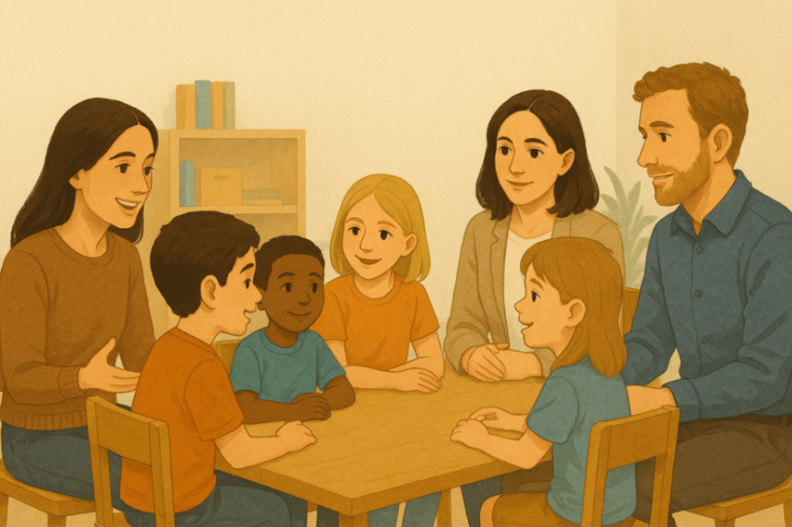 Children and a group of therapists sitting at a table, engaged in conversation during a Positive Behaviour Support group activity in a Liverpool clinic.