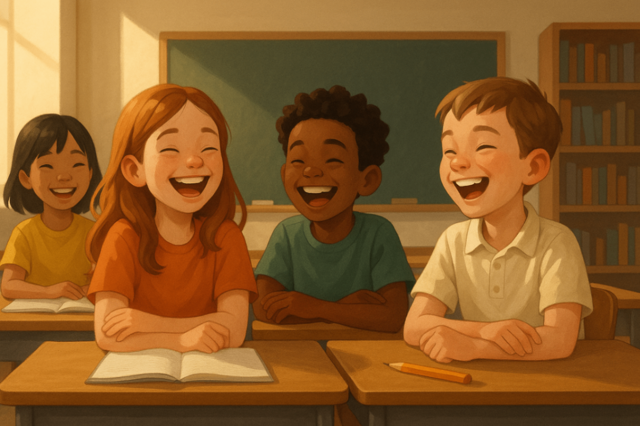 Primary school children laughing together in a supportive classroom, showing the positive impact of NDIS behaviour support in school setting