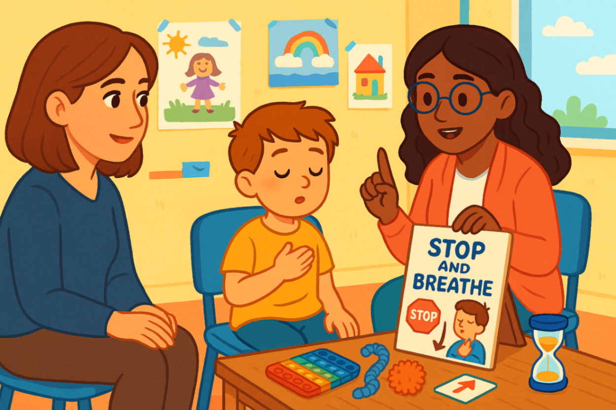 Parent participating in a specialised behaviour support session in Liverpool, learning emotional regulation strategies alongside their child and a trained therapist.