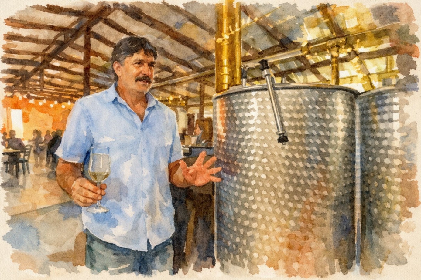 John discussing the wine in fermentation tank