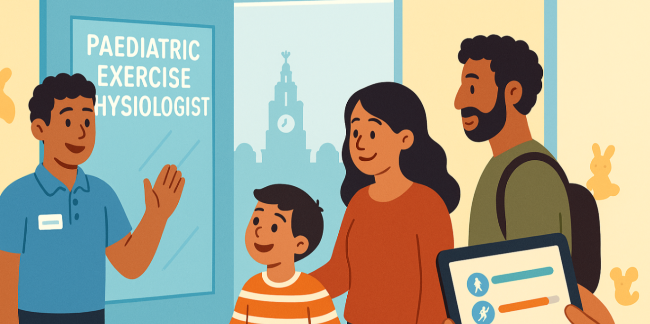 Paediatric exercise physiologist greeting a family at a child-friendly Liverpool clinic — paediatric exercise physiologist Liverpool.