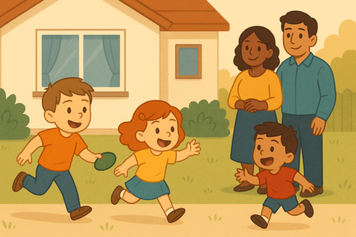 Parents observing children play outdoors as part of positive behaviour support routines