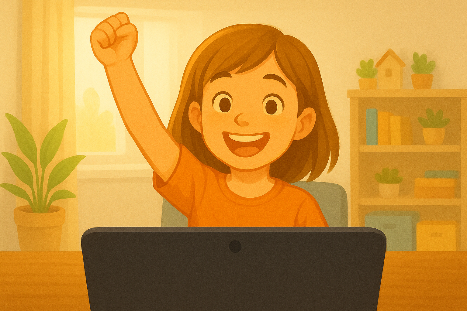 Smiling girl raising her arm in celebration while engaging in a virtual behaviour therapy session, showing confidence and progress through online support.