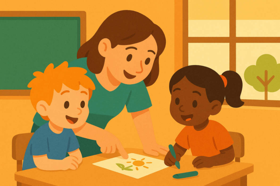  teacher working closely with two children during a targeted learning session in Liverpool.