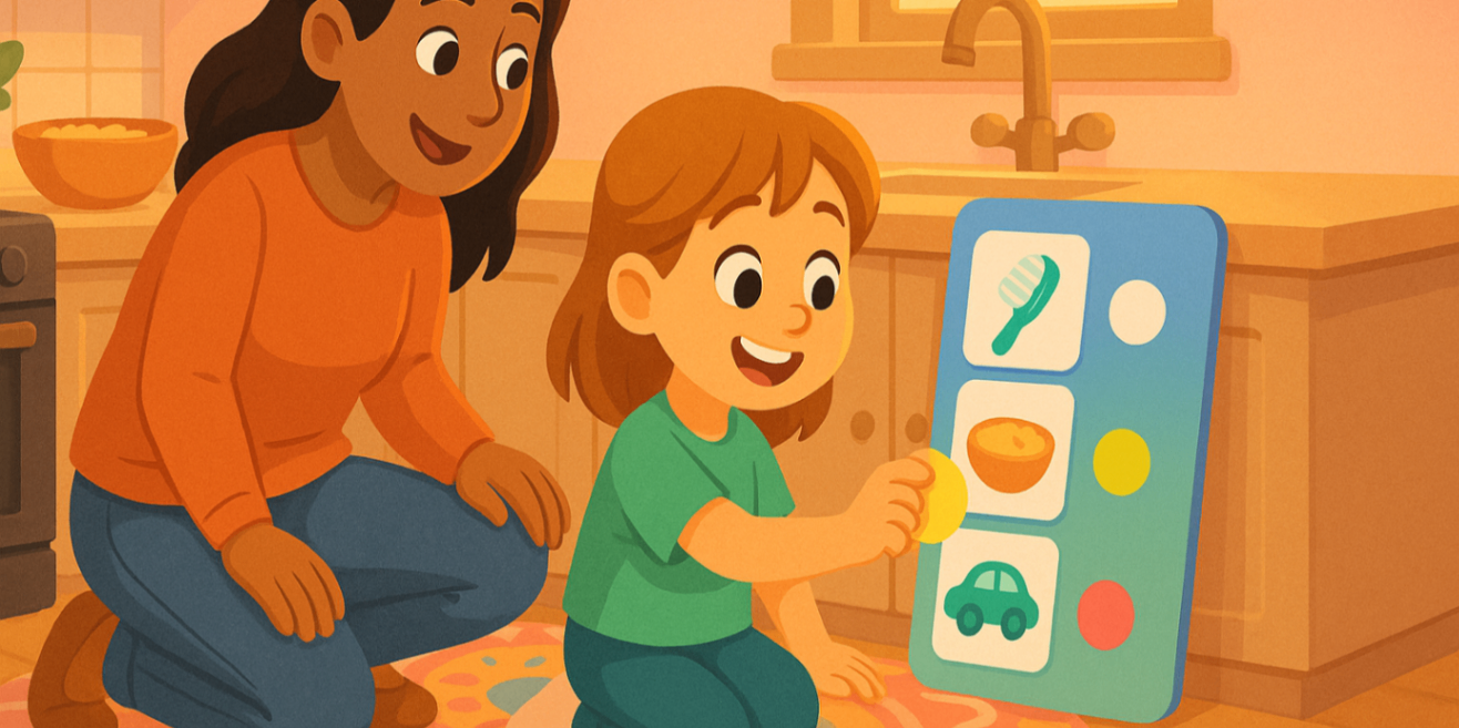 Parent and child following a bright visual morning routine and placing a sticker — home behaviour strategy for kids