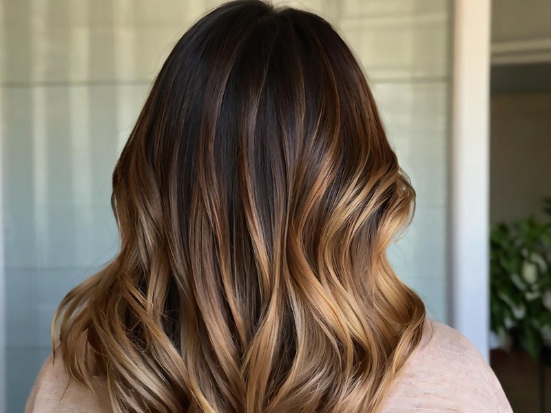 Back view of long, wavy hair with frosted caramel highlights blended into darker roots for a warm winter look.