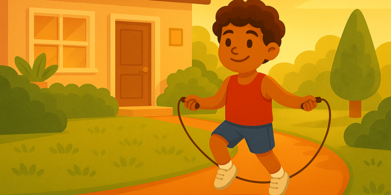 A child in a red tank top exercising in the front yard, with bright sunlight and shadows highlighting outdoor physical activity.