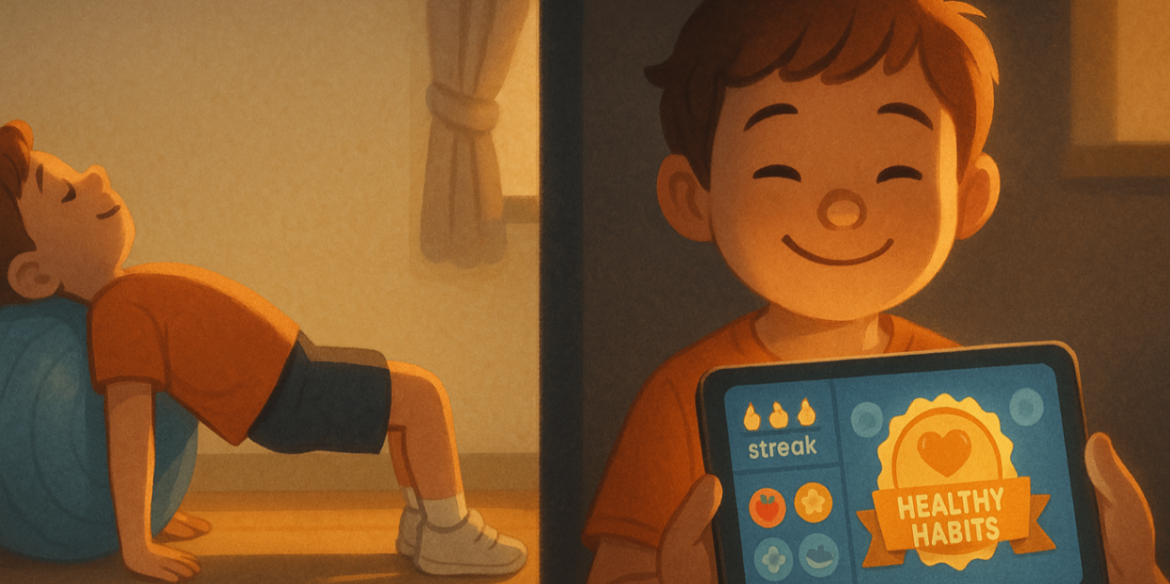 Child doing a home therapy-ball exercise while a tablet dashboard shows streaks, badges and a healthy habits reward.