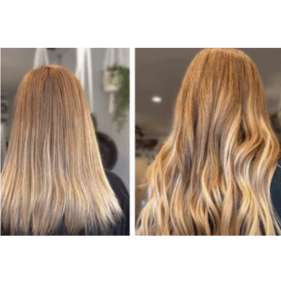 before and after image of hair extensions