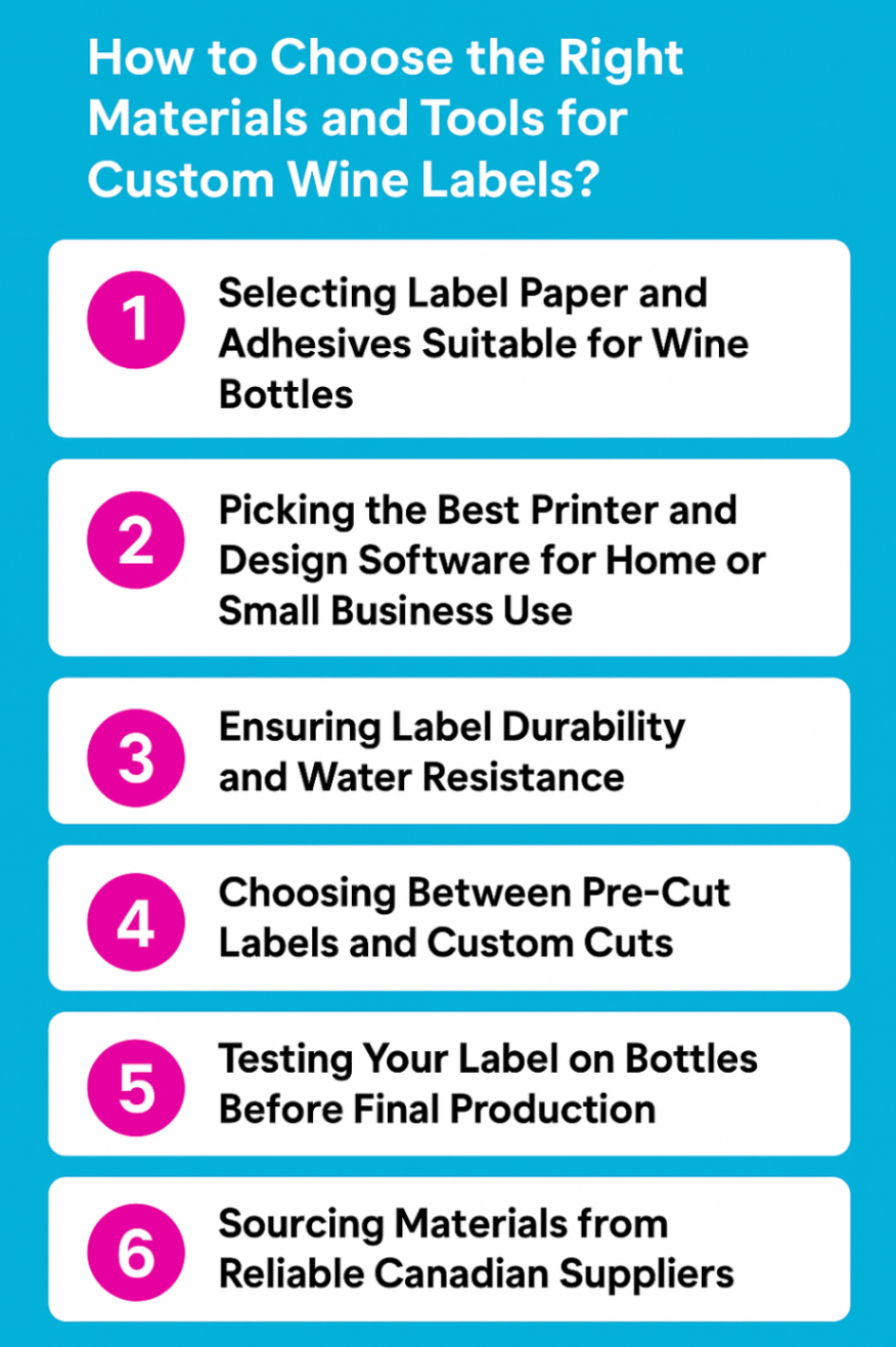 Infographic showcasing factors to choose right materials and tools for custom wine labels