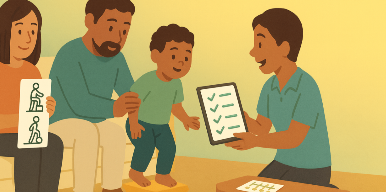 Physiologist demonstrating simple home exercises to parents while child practices — family-focused home program for developmental support