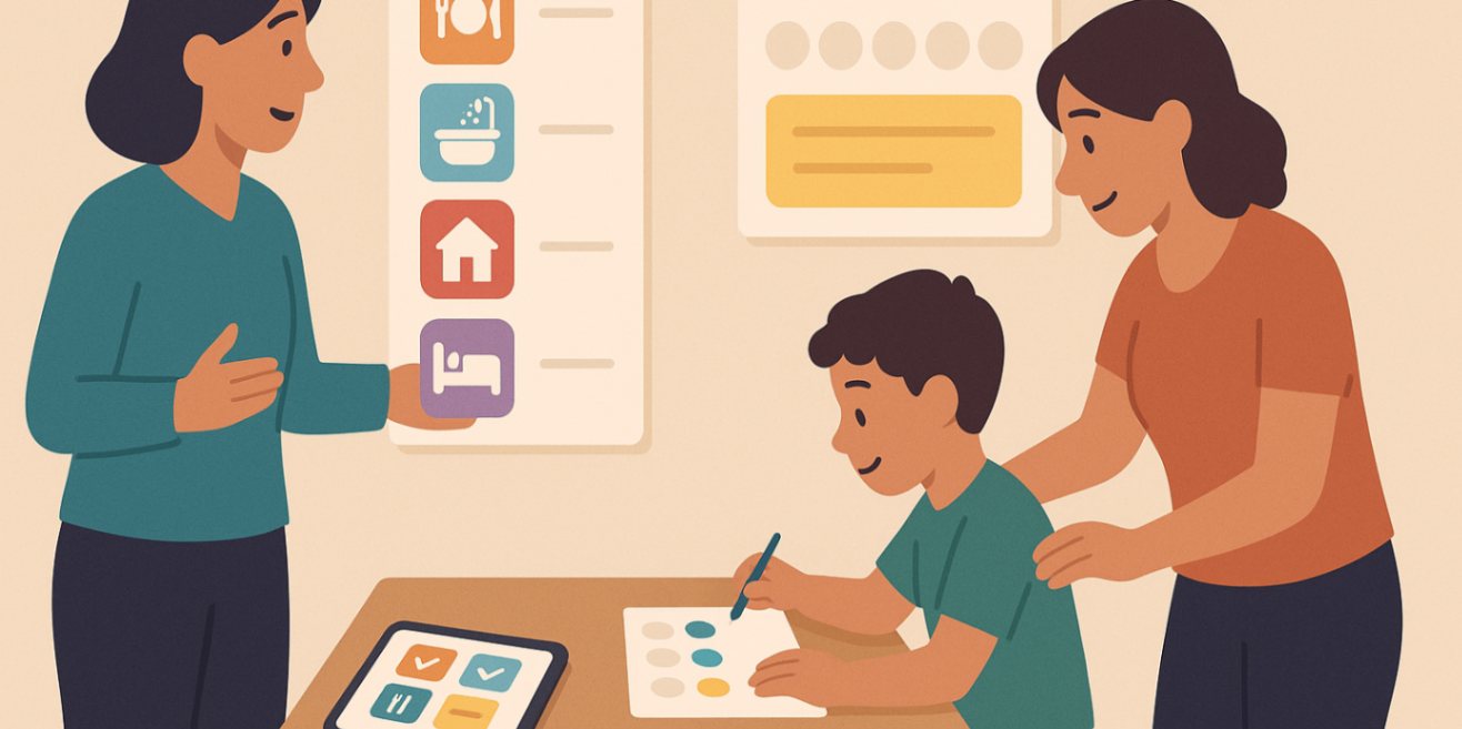Practitioner demonstrating an in-home visual schedule and token chart while parent and child follow the strategy.