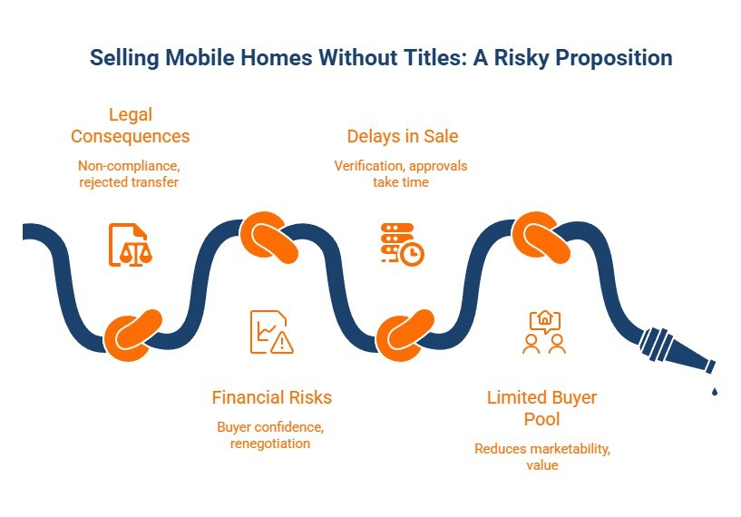 Infographic highlighting risks of selling a mobile home without a title, including legal consequences, sale delays, financial risks, and a limited pool of potential buyers.