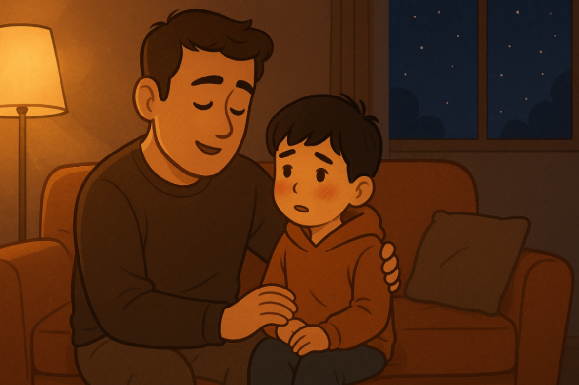 Parent comforting a child at home before their first behavioural therapy session, discussing what to expect.