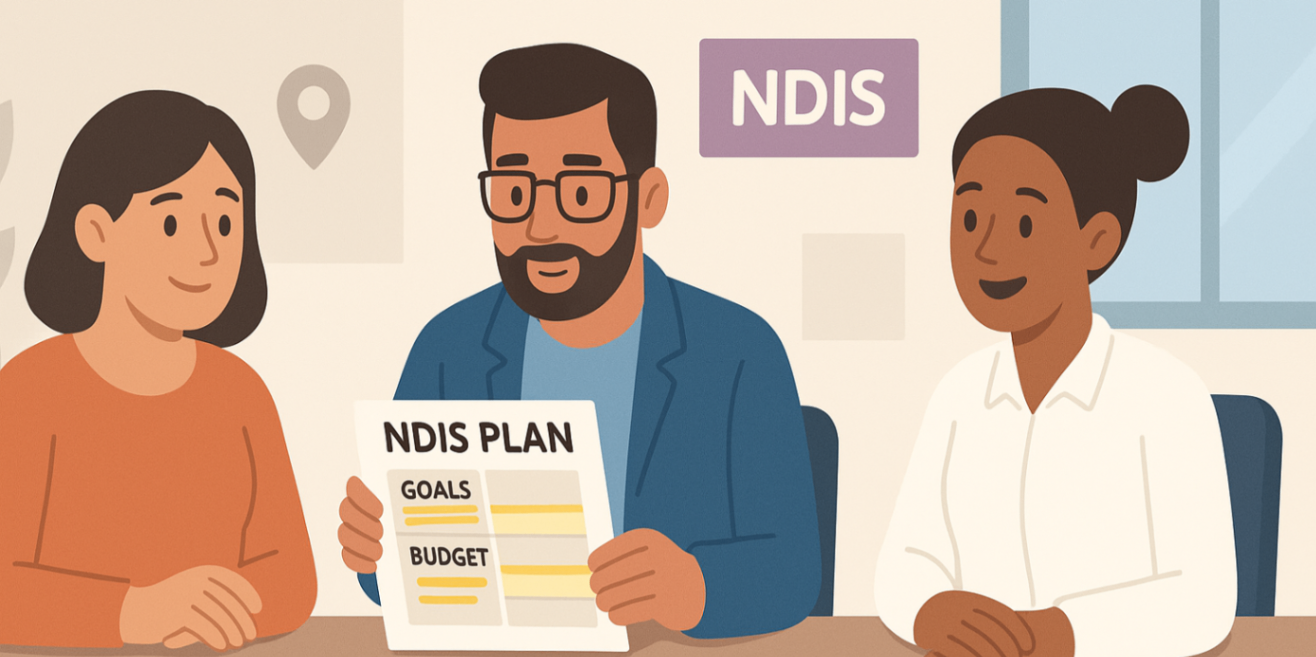 Parent, plan manager and therapist reviewing an NDIS plan with highlighted goals and budget columns — collaborative plan management