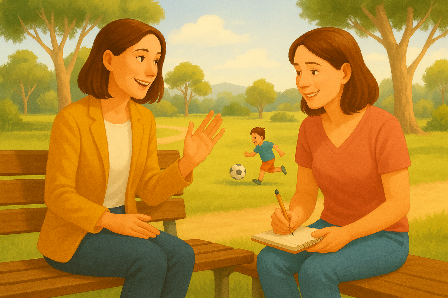 Parent and behaviour support therapist sitting on a park bench in Liverpool, discussing a child’s behaviour support plan.