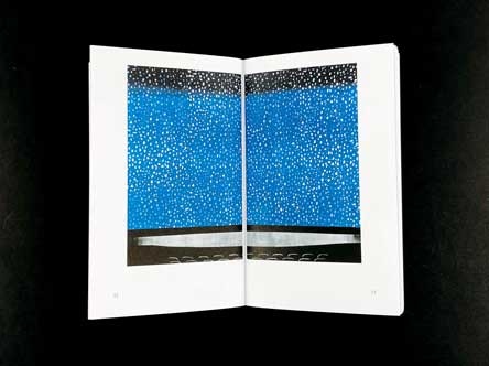 A spread from an art book showcasing a creative piece with a blue background covered in small white dots, demonstrating the use of texture and layering techniques.