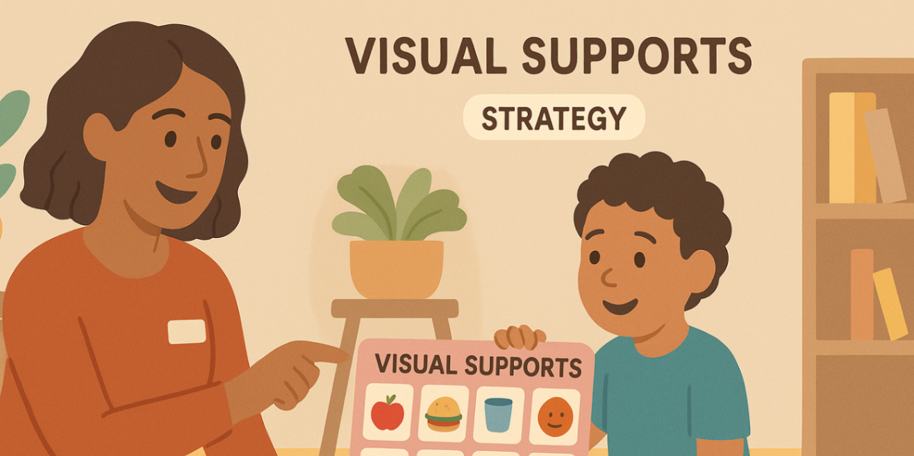 Therapist and child using a colourful visual communication board with icons for needs and feelings — speech therapy for autism.