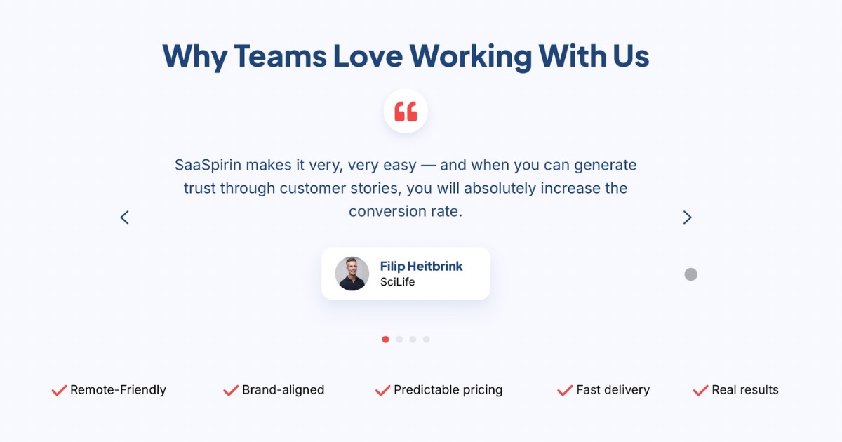 Screenshot showing a testimonial slider on SaaSpirin’s website with the heading “Why Teams Love Working With Us,” featuring a client quote from Filip Heitbrink of SciLife and key highlights like remote-friendly, brand-aligned, and real results.