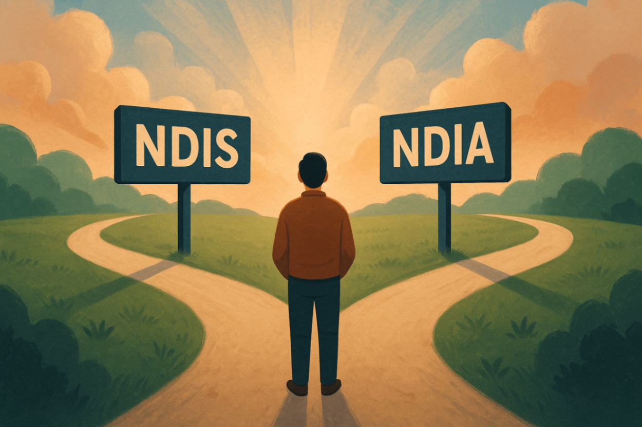 Parent choosing between NDIS and NDIA paths, symbolising confusion about roles.