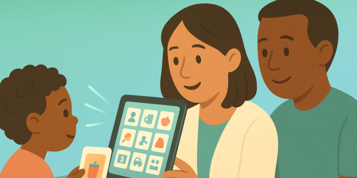 "Therapist demonstrating an AAC tablet and picture cards to a child with a parent watching — visual supports for speech