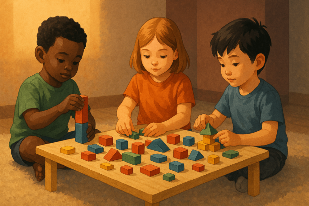 Three young children sitting on the floor playing with colourful bricks on a table — early intervention play-based therapy in Liverpool
