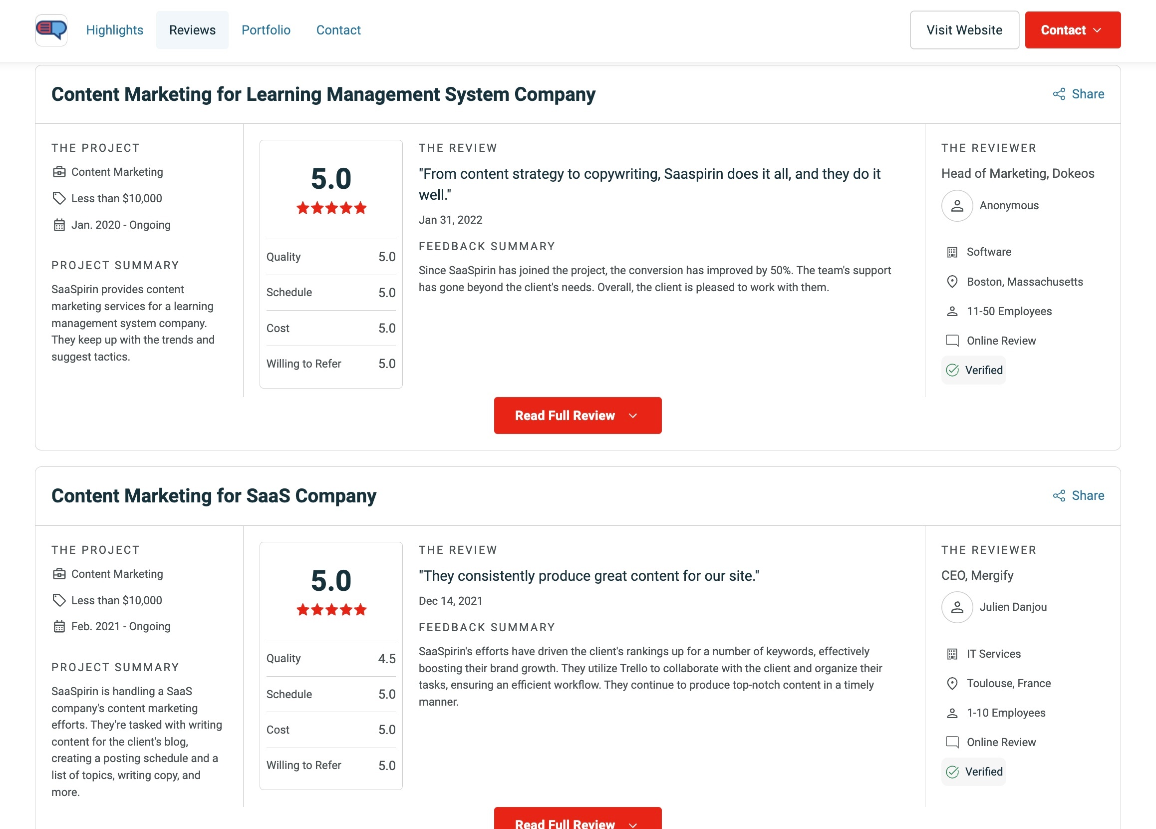 Screenshot of reviews example