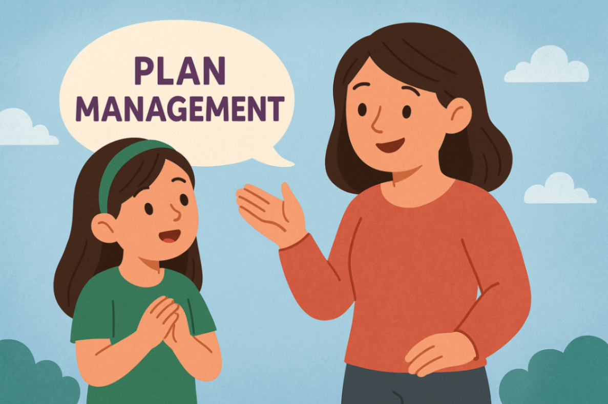 Mother consulting with NDIS plan manager to maximise child’s therapy supports