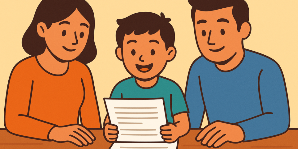Two parents and their child reviewing a behaviour support plan together at a wooden table.