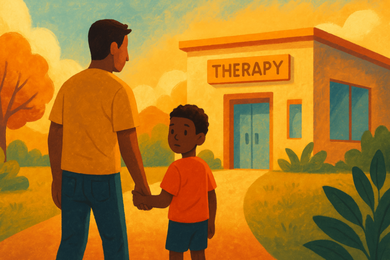 A father holding his child’s hand as they walk toward the entrance of a Liverpool NDIS service centre, representing the journey to access autism support under the NDIS framework.