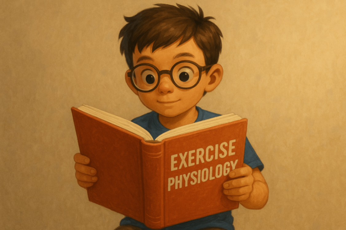 Young child reading a book titled “Exercise Physiology,” learning about body movement and health
