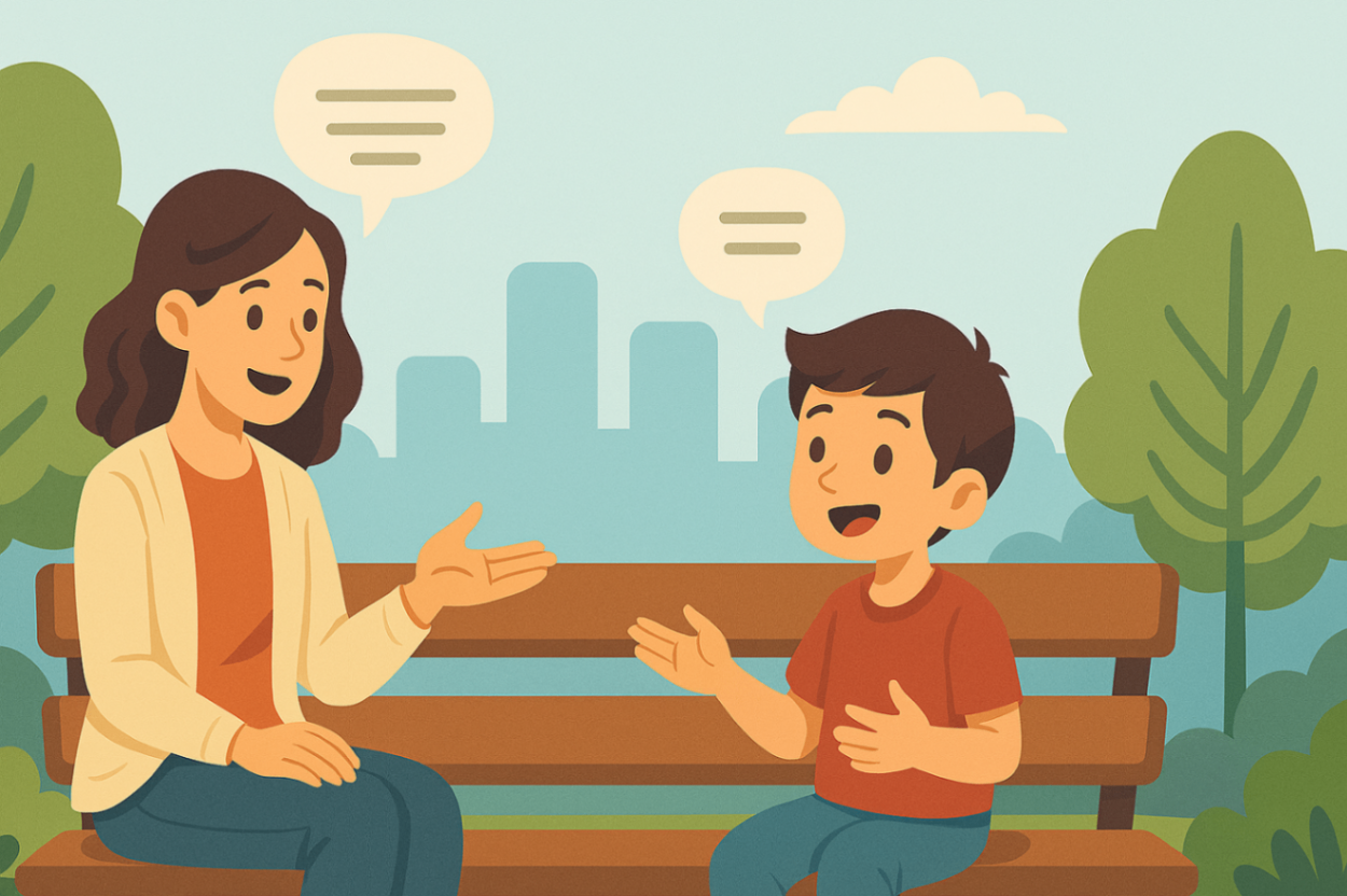 Speech therapist and child engaging in conversation during a park session in Liverpool
