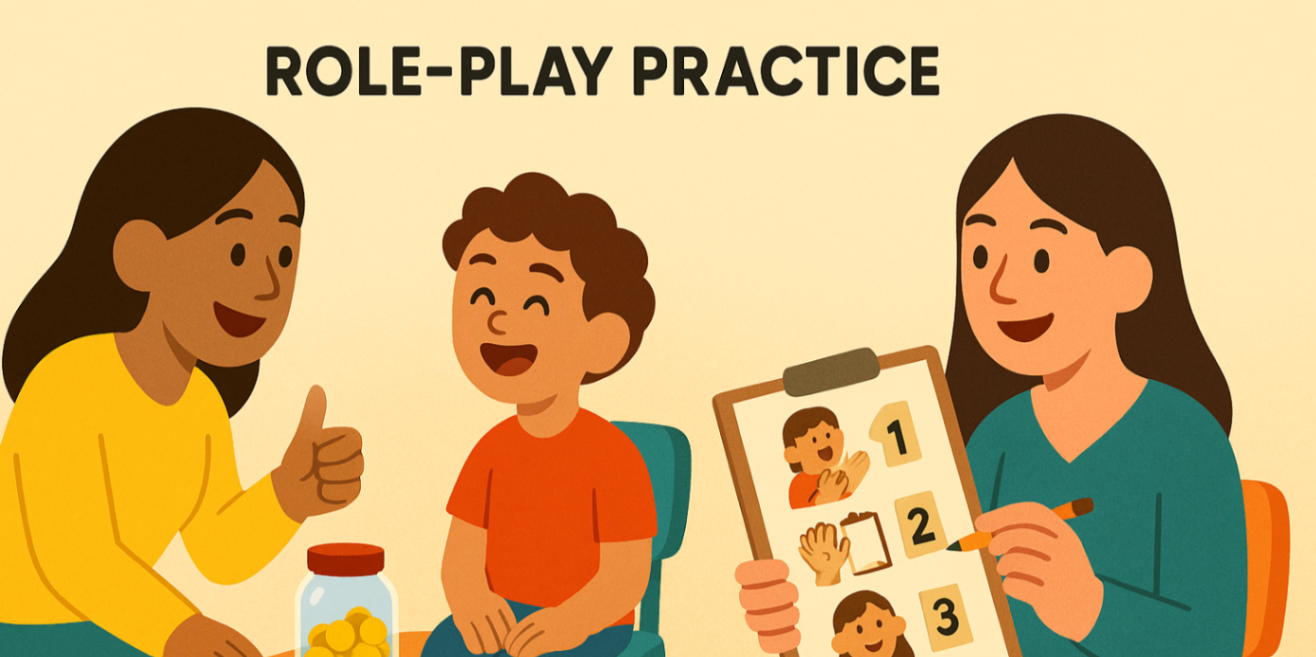 Therapist role-playing a routine with a child while a parent follows step-by-step on a clipboard — behaviour strategy practice.