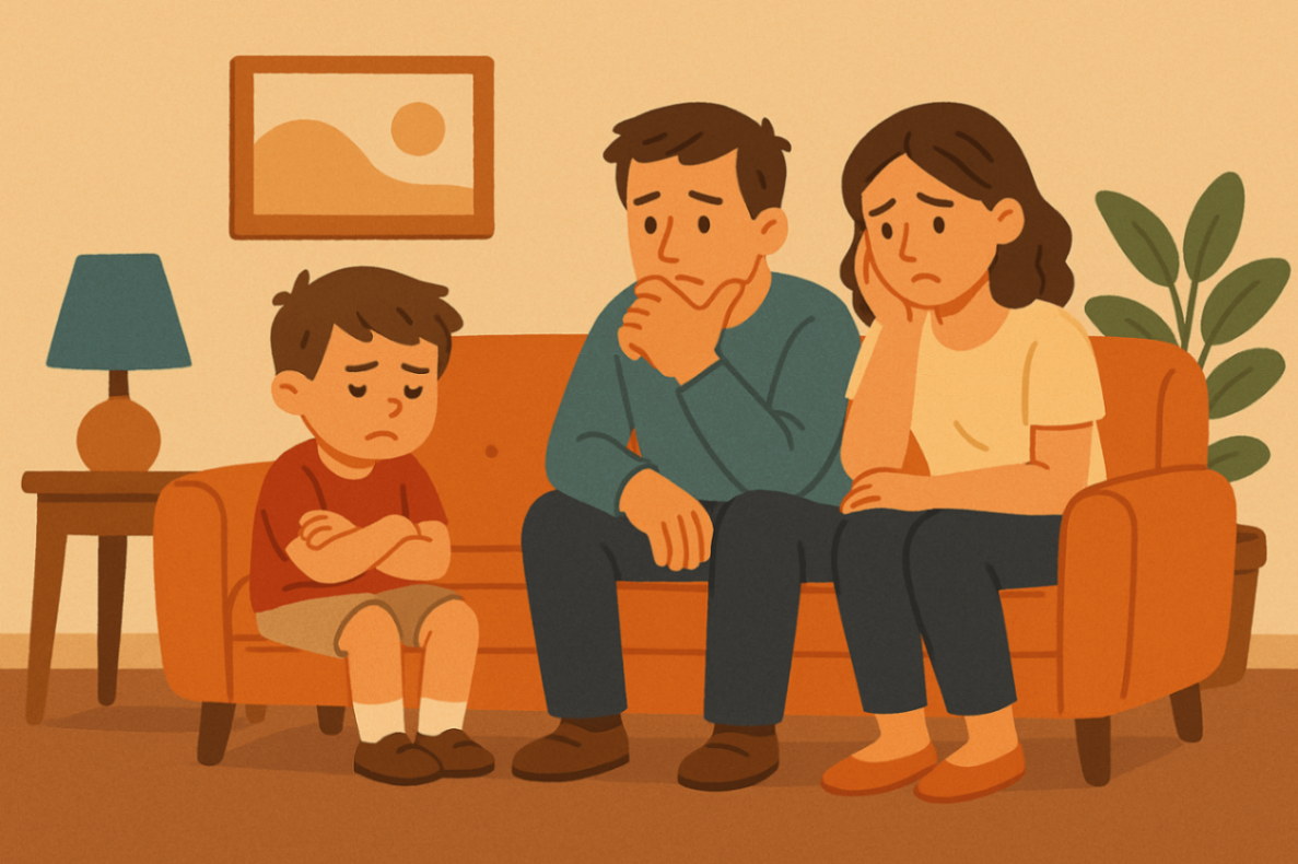 Parents sitting in a living room, looking worried while their child plays nearby