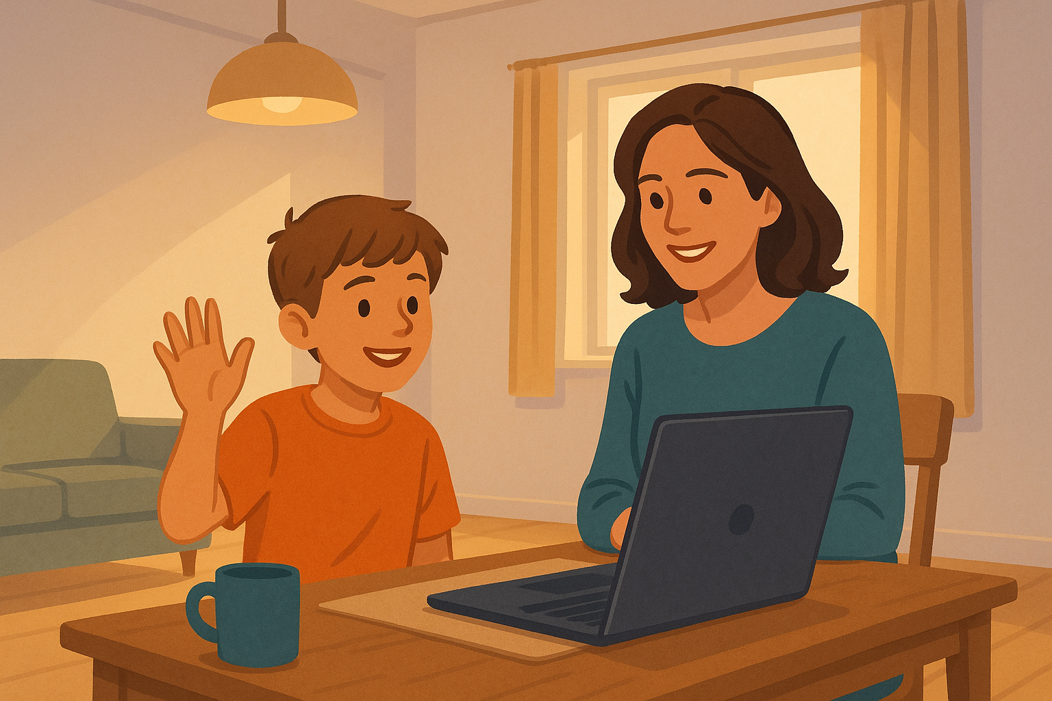 Child and mother attending an online behavioural therapy session together on a laptop.