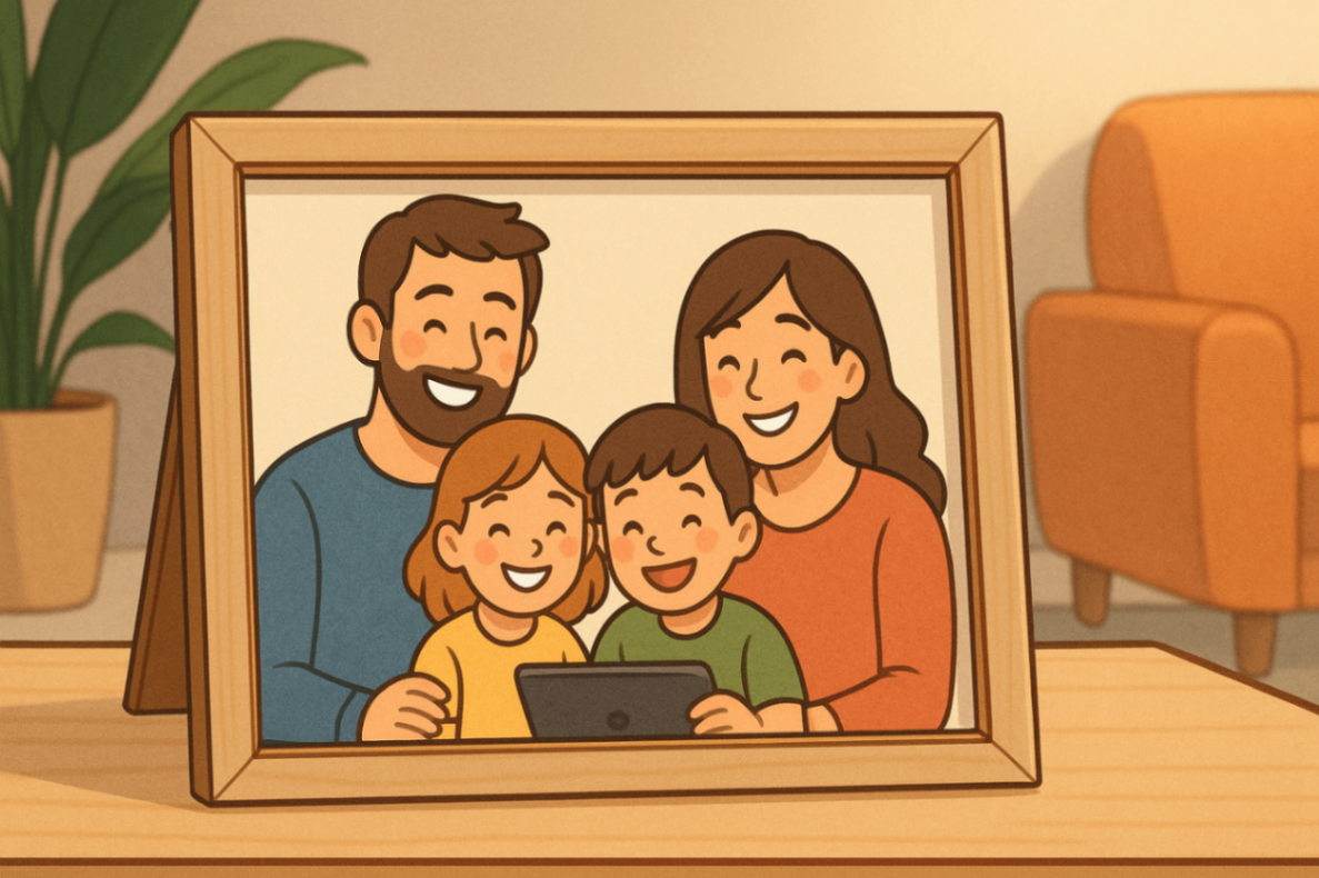 Positive family outcomes from NDIS parent training displayed in a home photo frame.