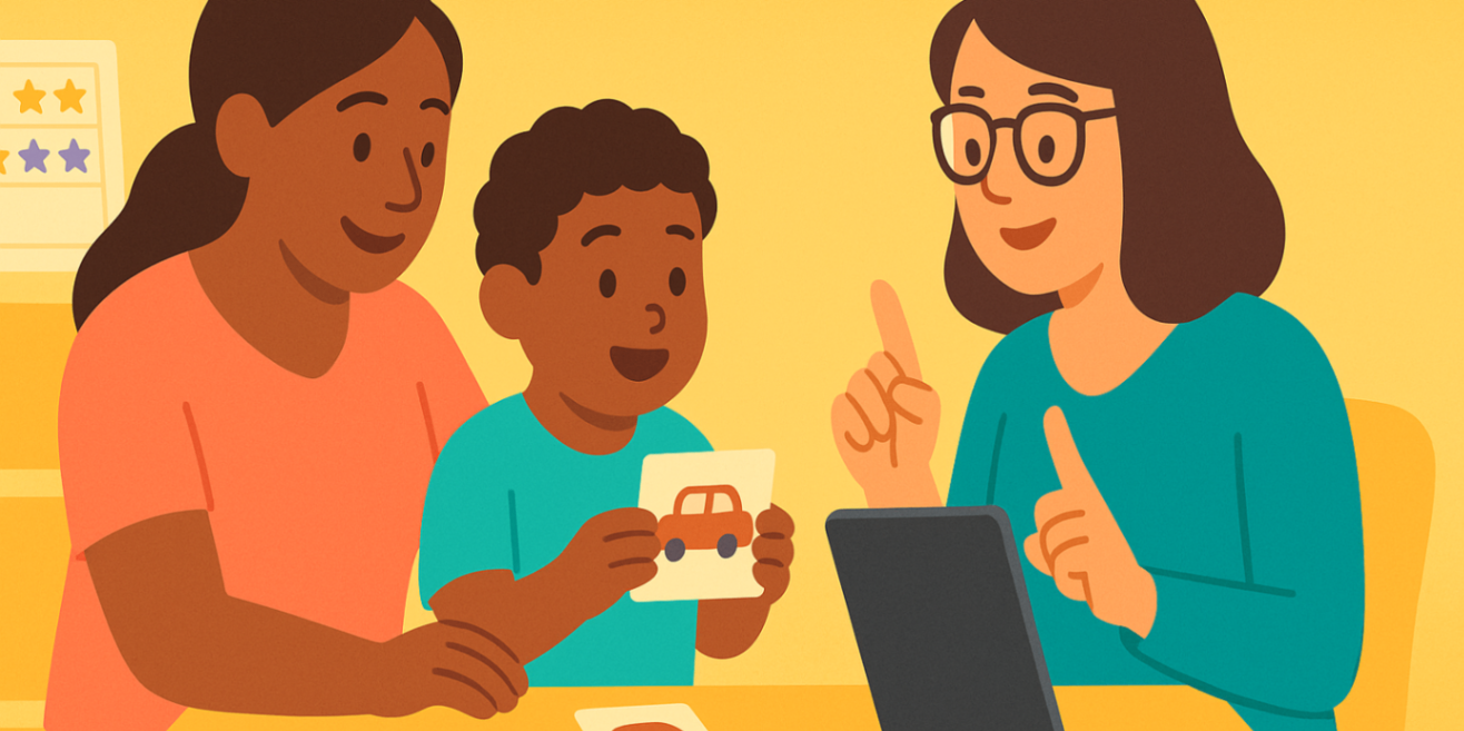 Parent coached via tablet practising picture-card activities with a child at home — parent training and home speech practice.