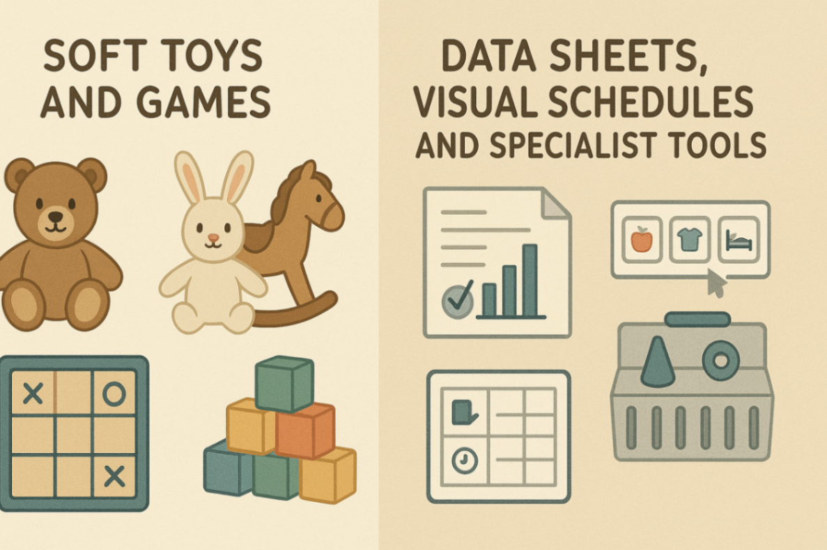 An infographic-style digital artwork comparing general play therapy, represented by soft toys, with specialised behavioural therapy tools, represented by data sheets, checklists, and visual aids. Designed with clean lines and a side-by-side format.