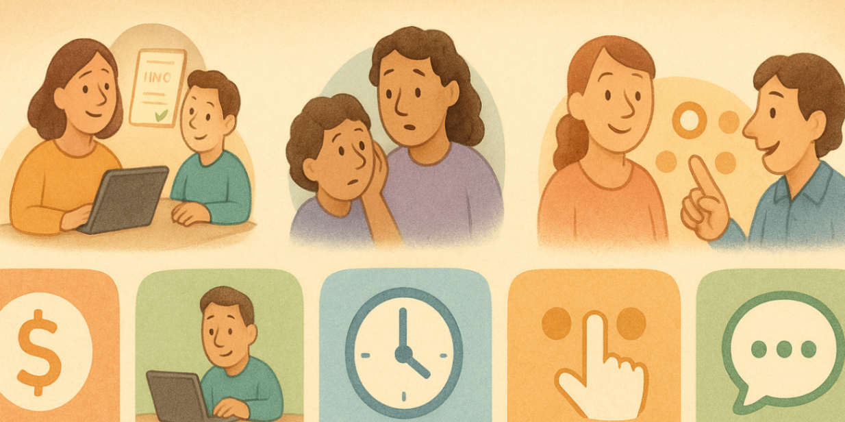 5 panels showing icons of common questions asked by parents.