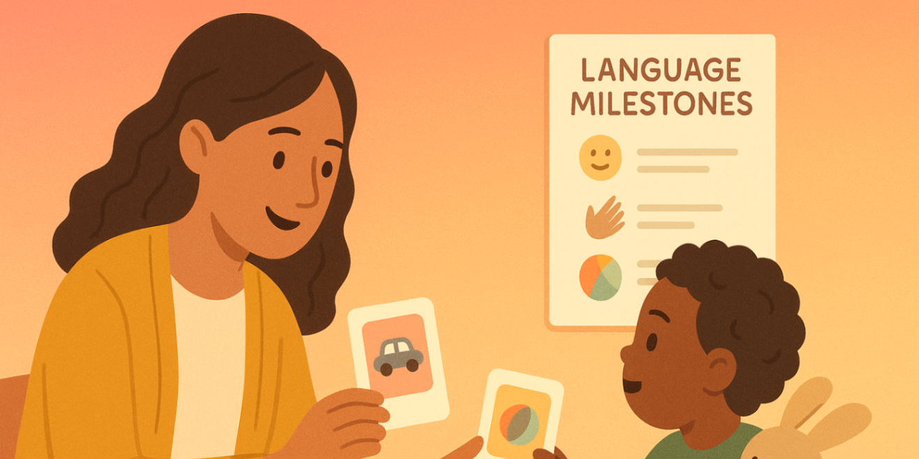 Speech pathologist assessing a toddler with picture cards in a child-friendly Liverpool clinic — speech milestones and support