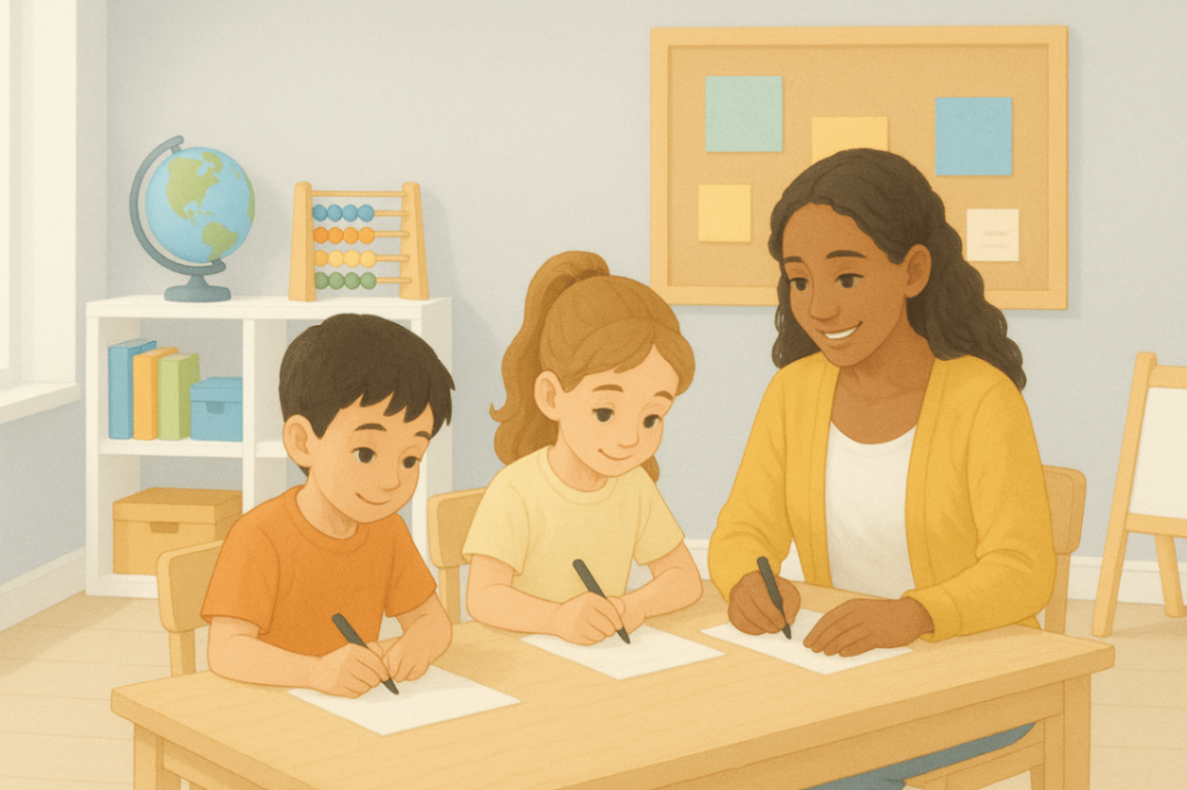 Therapist guiding two children through an ABA therapy activity at a table in a grey-walled therapy room – structured learning for NDIS participants.