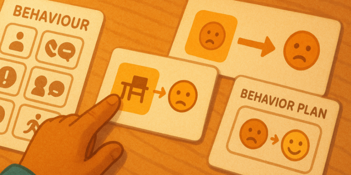 Practitioner conducting a calm, collaborative family interview at a low table to gather context and identify triggers for the child’s behaviour — FBA interview.