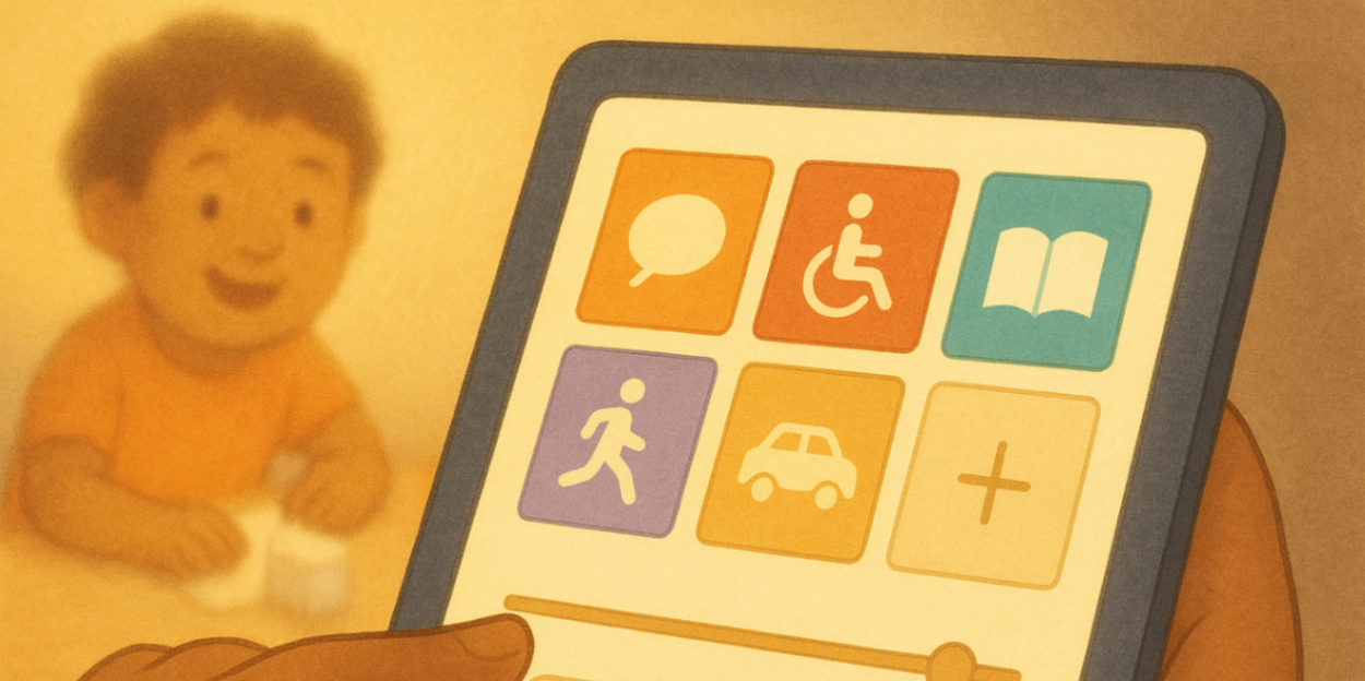 Close-up tablet UI with selectable support tiles and a draggable budget slider as a parent taps to choose a provider.