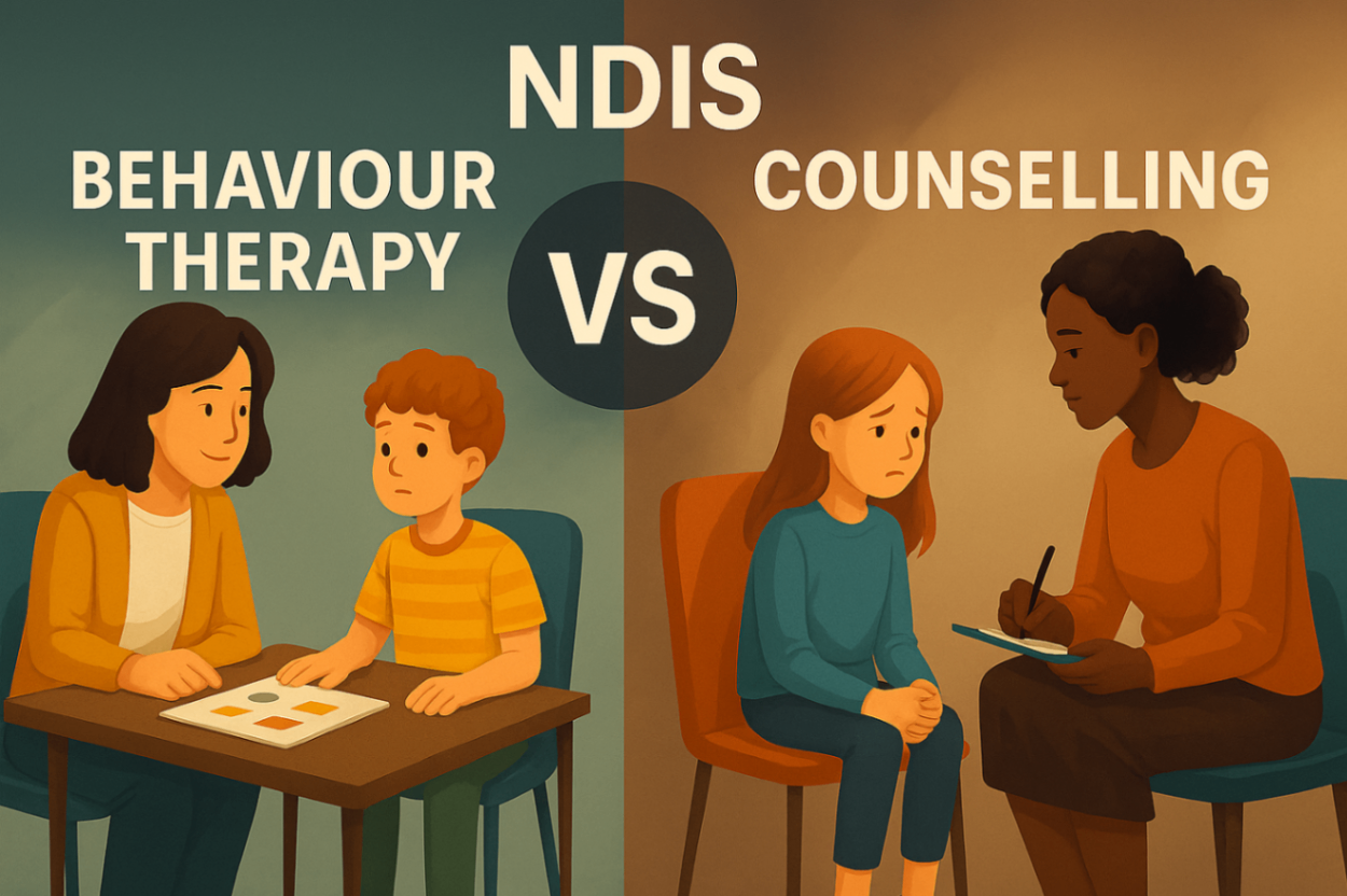 Infographic comparing NDIS Behaviour Therapy and Counselling for children, highlighting key differences in approach.