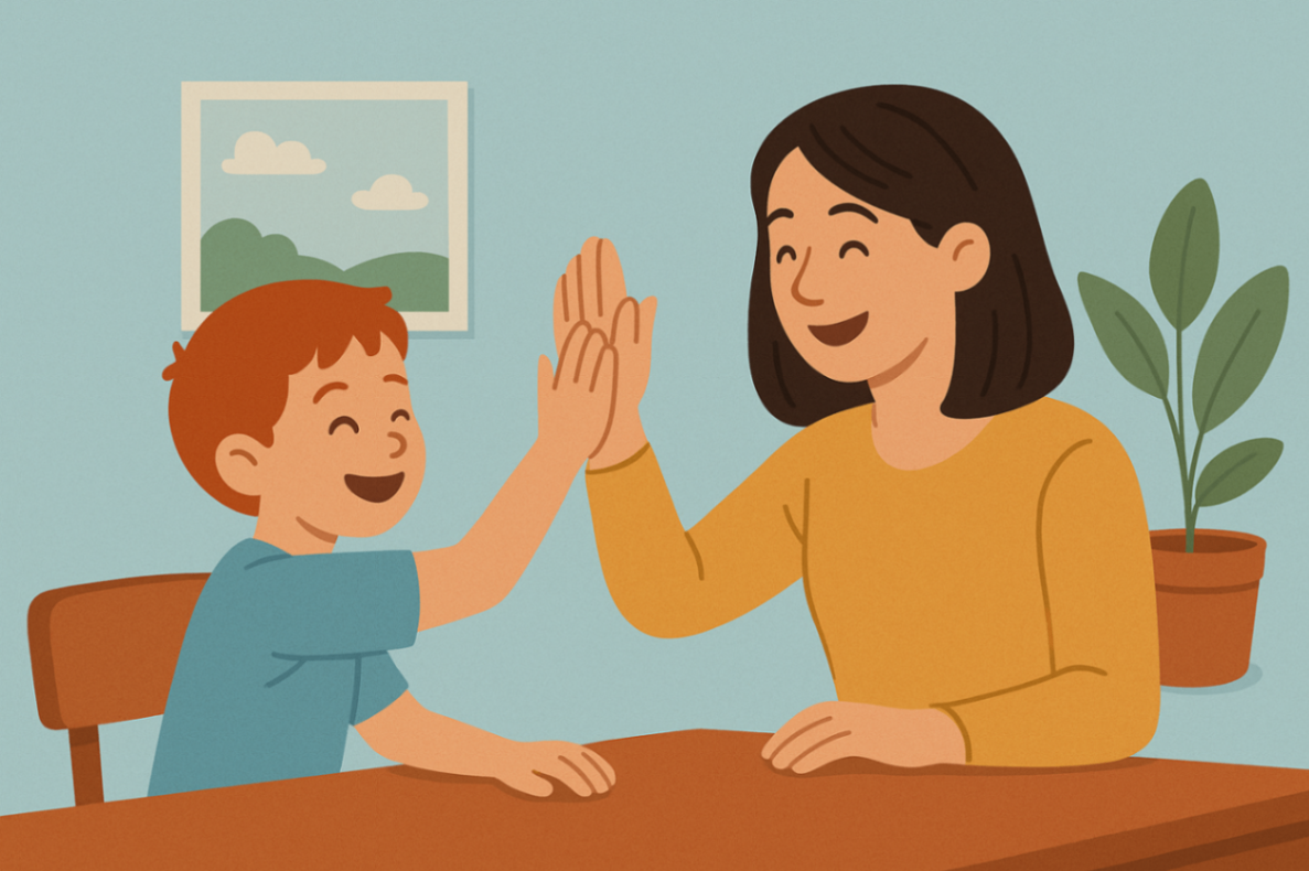 Child and behavioural therapist sharing a high five during a Positive Behaviour Support session.