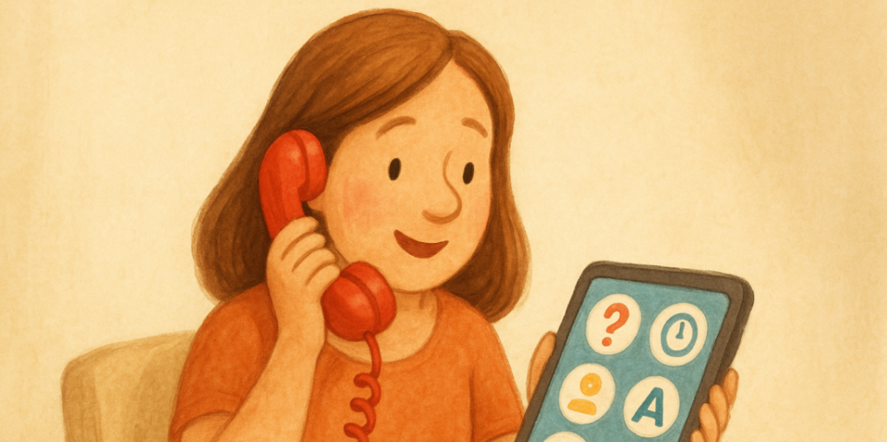 Parent checking a simple icons-only fee breakdown with a plan manager to understand plan management fees and included services.