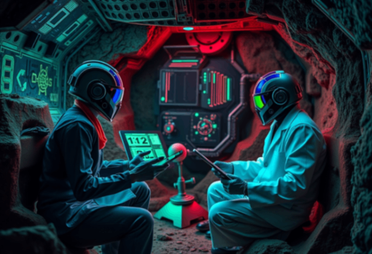 two people in space helmets sitting in a cave